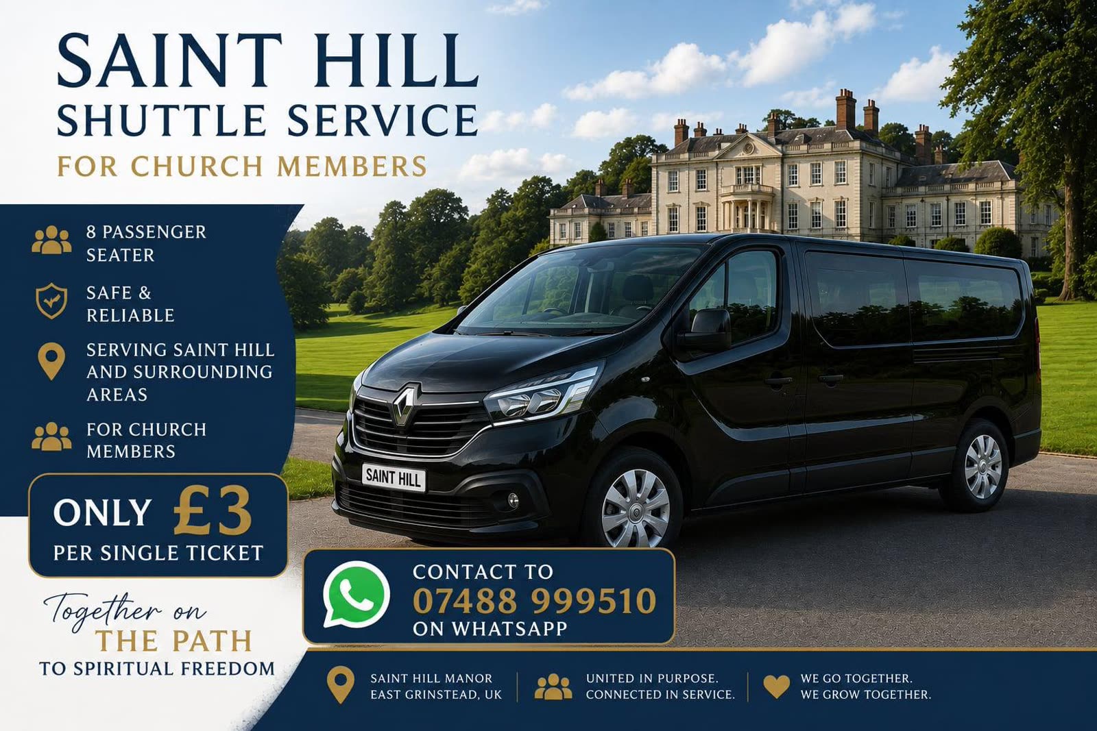Saint Hill Shuttle Service poster: the black 8-seater shuttle in front of Saint Hill Manor.